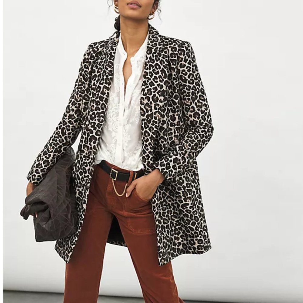 Anthropologie Gianna Longline Leopard Blazer Coat Jacket Size 10